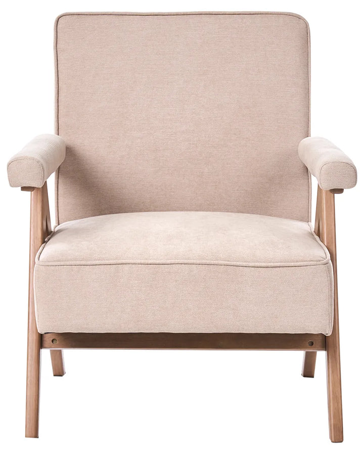 A modern armchair with beige textured fabric upholstery and a light brown wooden frame, shown from a front-facing perspective on a solid white background.