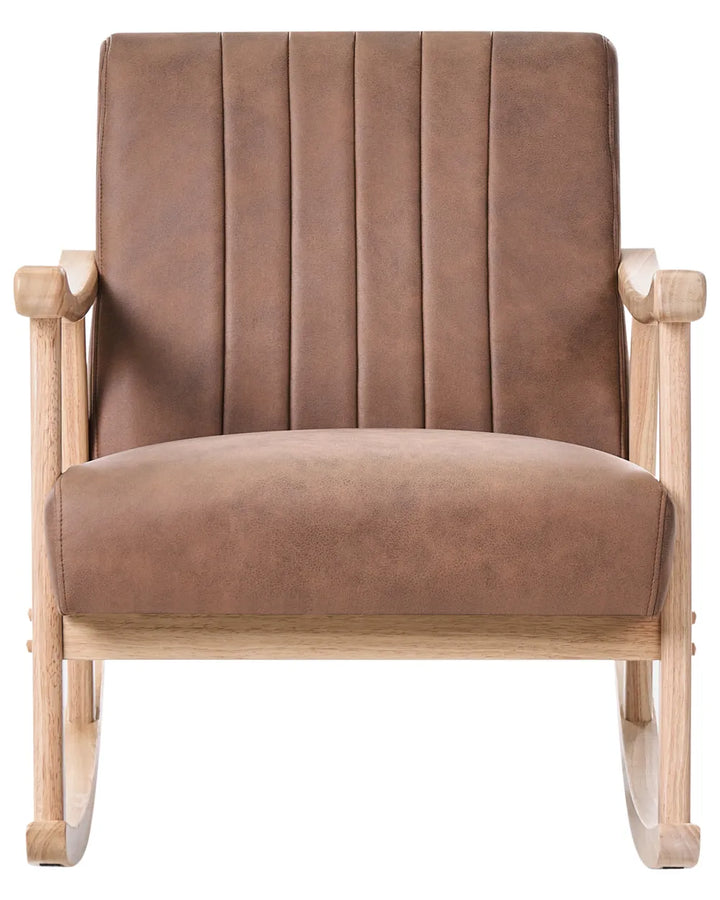 A rustic wooden rocking chair with a brown tufted leather or faux-leather upholstered seat and backrest, shown against a plain white background.