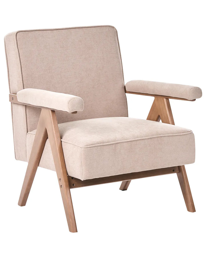 Beige armchair with wooden legs on a white background
