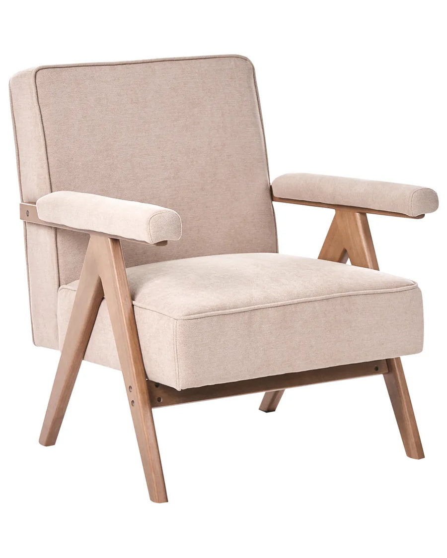 Beige armchair with wooden legs on a white background