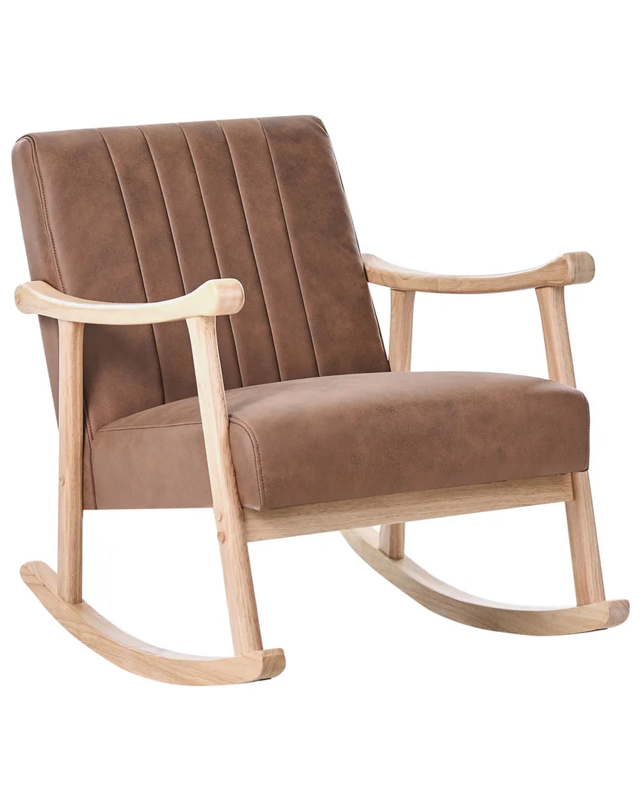 Brown upholstered rocking chair with wooden frame on a white background