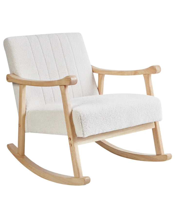 White cushioned rocking chair with wooden frame on a white background