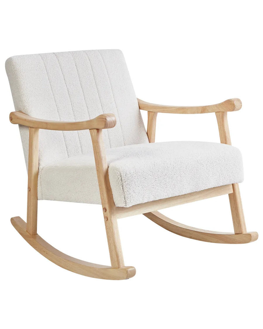 White cushioned rocking chair with wooden frame on a white background