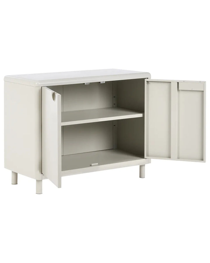 A light gray metal storage cabinet with two doors, one open, showing two interior shelves. The cabinet stands on short legs against a plain white background.