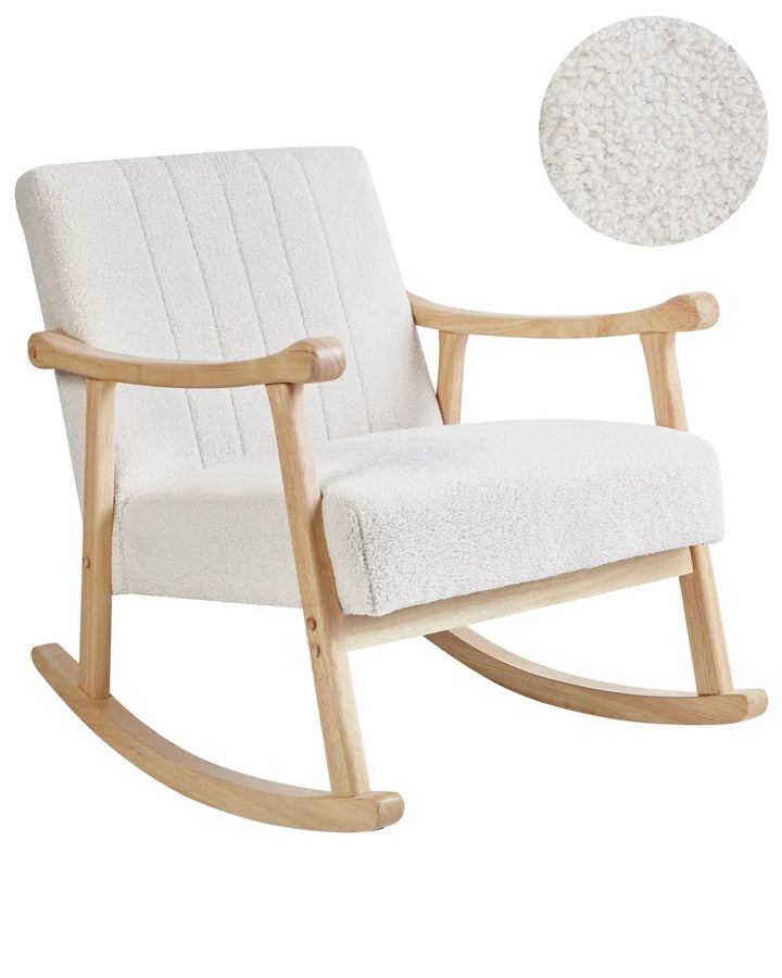 A light natural wood rocking chair with off-white textured fabric upholstery, featuring a circular inset showing a close-up of the fabric texture.
