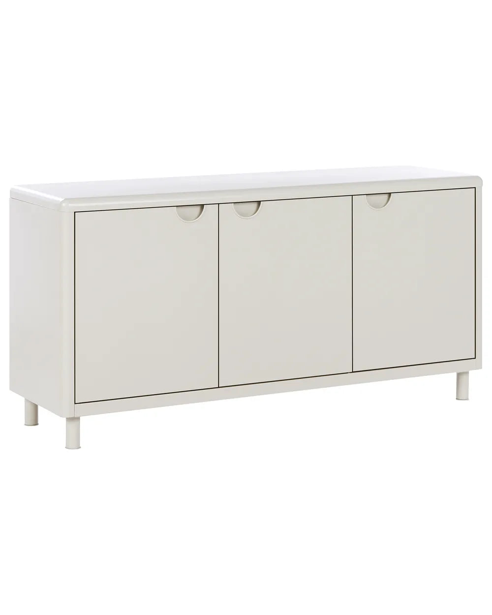 A modern three-door sideboard cabinet in a warm off-white finish, featuring minimalist round pull handles and short legs, shown against a plain white background.