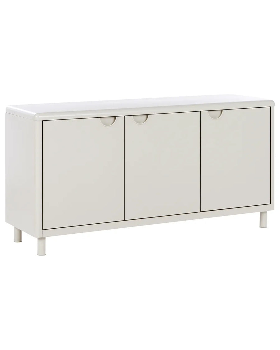 A modern three-door sideboard cabinet in a warm off-white finish, featuring minimalist round pull handles and short legs, shown against a plain white background.
