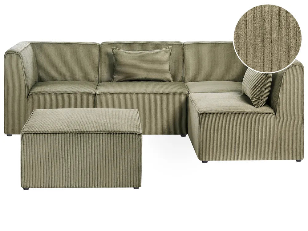 Green sectional sofa with a close-up of the fabric texture on a white background