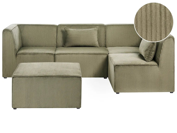 Green sectional sofa with a close-up of the fabric texture on a white background