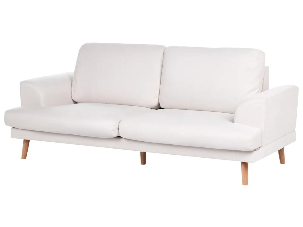 A modern two-seater sofa upholstered in off-white fabric with light natural wood legs, shown against a plain white background.
