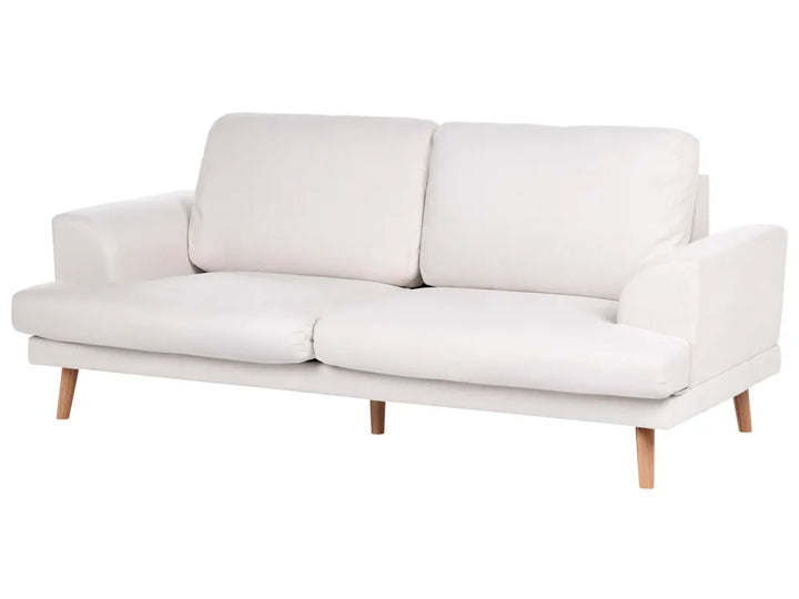 A modern two-seater sofa upholstered in off-white fabric with light natural wood legs, shown against a plain white background.