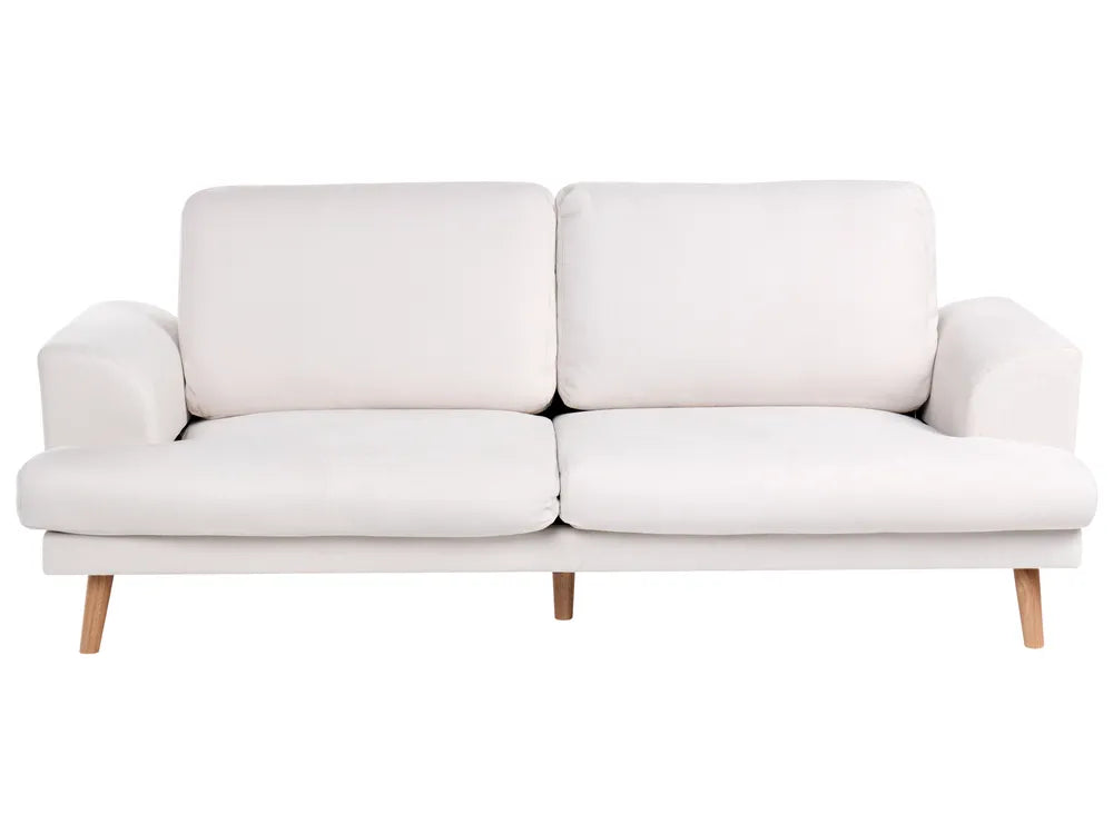 A modern two-seater sofa with off-white cushions and light natural wood legs, shown against a plain white background.