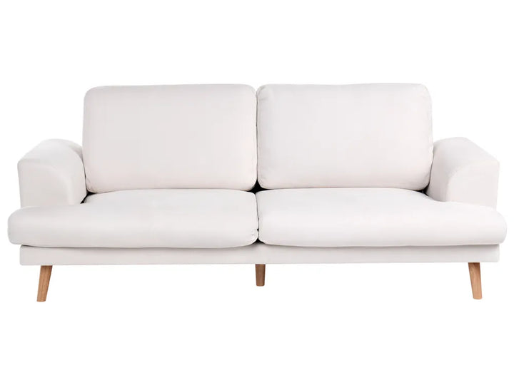 A modern two-seater sofa with off-white cushions and light natural wood legs, shown against a plain white background.