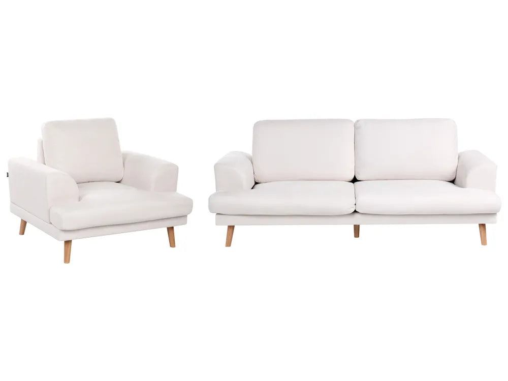 A modern white upholstered armchair and matching two-seat sofa with light wood legs, shown on a plain white background.