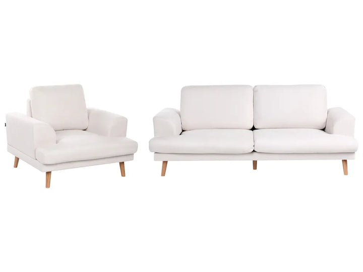 A modern white upholstered armchair and matching two-seat sofa with light wood legs, shown on a plain white background.