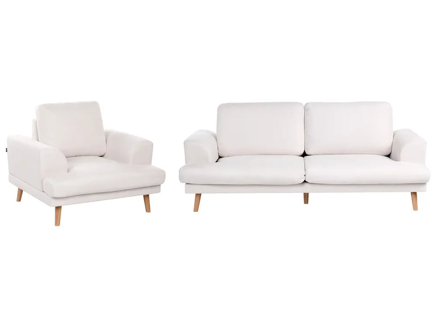 A modern white upholstered armchair and matching two-seat sofa with light wood legs, shown on a plain white background.