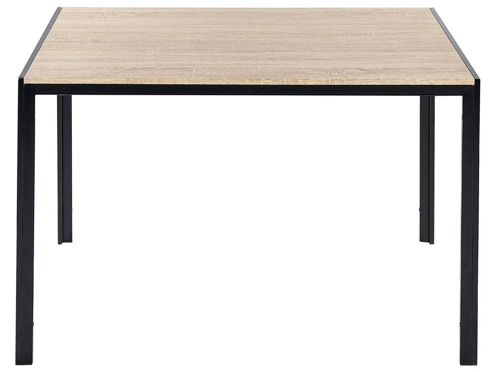 A rectangular table with a light beige wood-grain top and a black metal frame, shown against a plain white background.