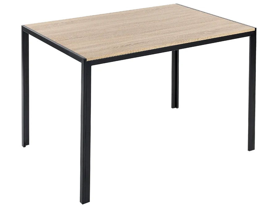 Square table with wooden top and black metal legs on a white background