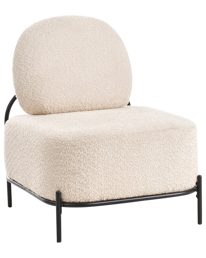 Beige cushioned chair with black metal frame on a white background