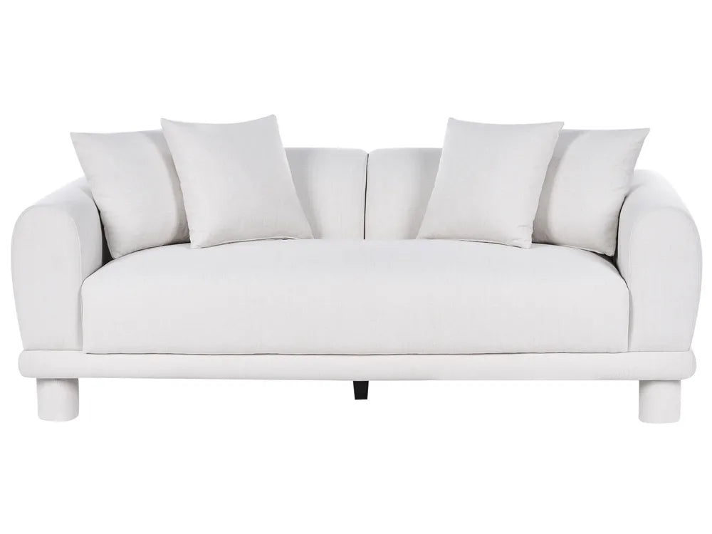 A modern white upholstered sofa with rounded arms, a low profile, and five matching square back cushions, shown against a plain white background.