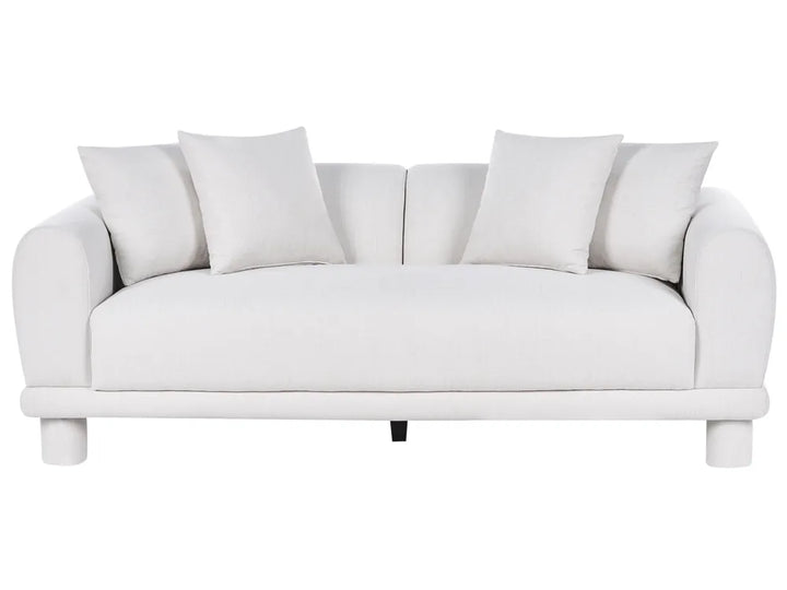 A modern white upholstered sofa with rounded arms, a low profile, and five matching square back cushions, shown against a plain white background.