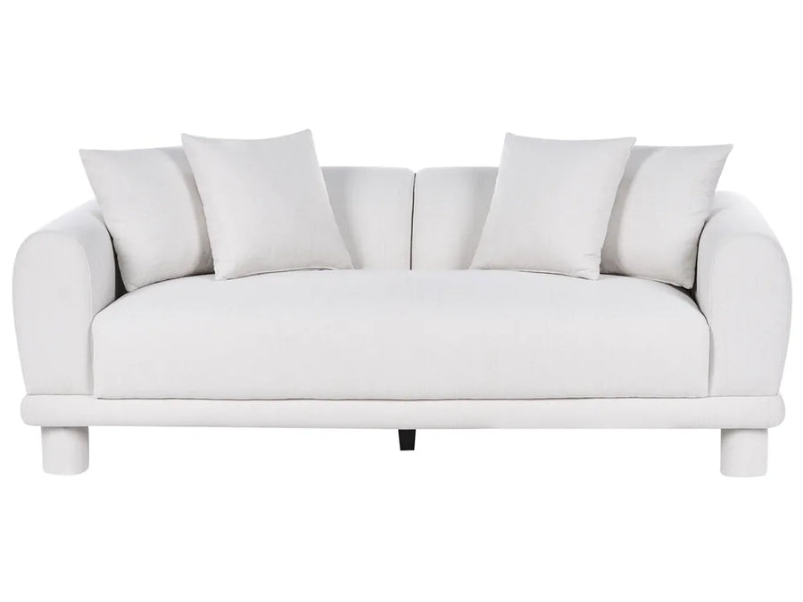 A modern white upholstered sofa with rounded arms, a low profile, and five matching square back cushions, shown against a plain white background.