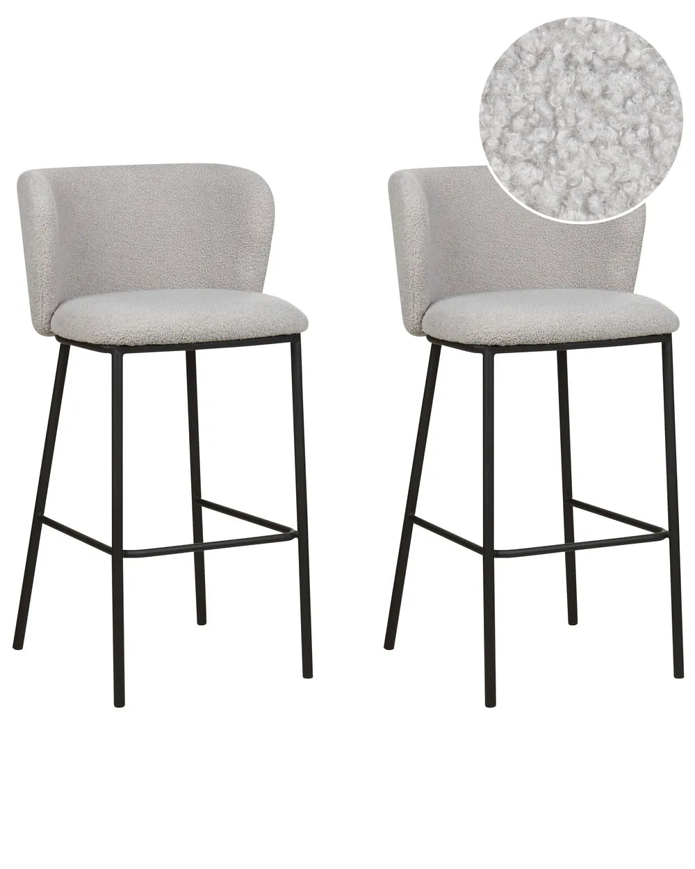 Two gray bar stools with black legs on a white background