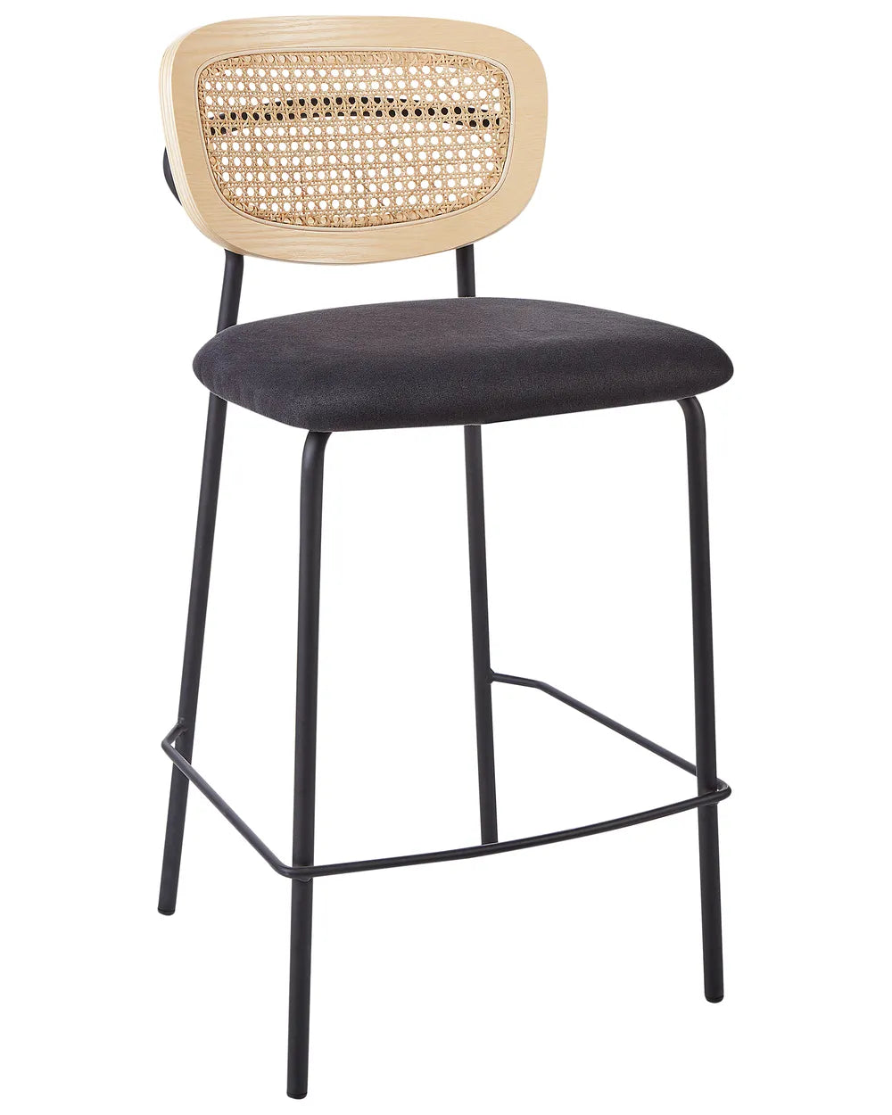 A modern bar stool with a black metal frame, a black upholstered seat, and a natural woven cane backrest on a white background.