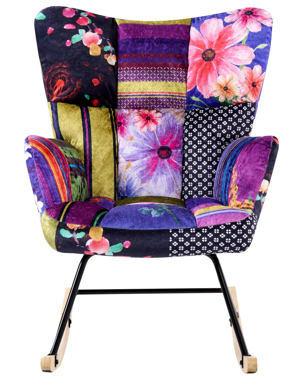 Colorful patchwork chair with floral patterns on a white background