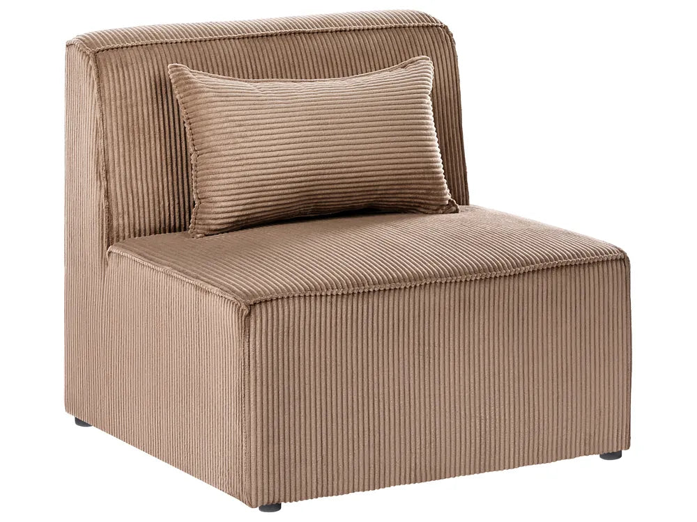 A modern low-profile accent chair upholstered in a brown corduroy fabric, featuring a matching square throw pillow, shown against a plain white background.
