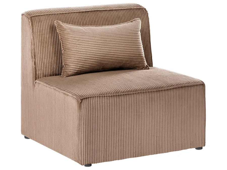 A modern low-profile accent chair upholstered in a brown corduroy fabric, featuring a matching square throw pillow, shown against a plain white background.