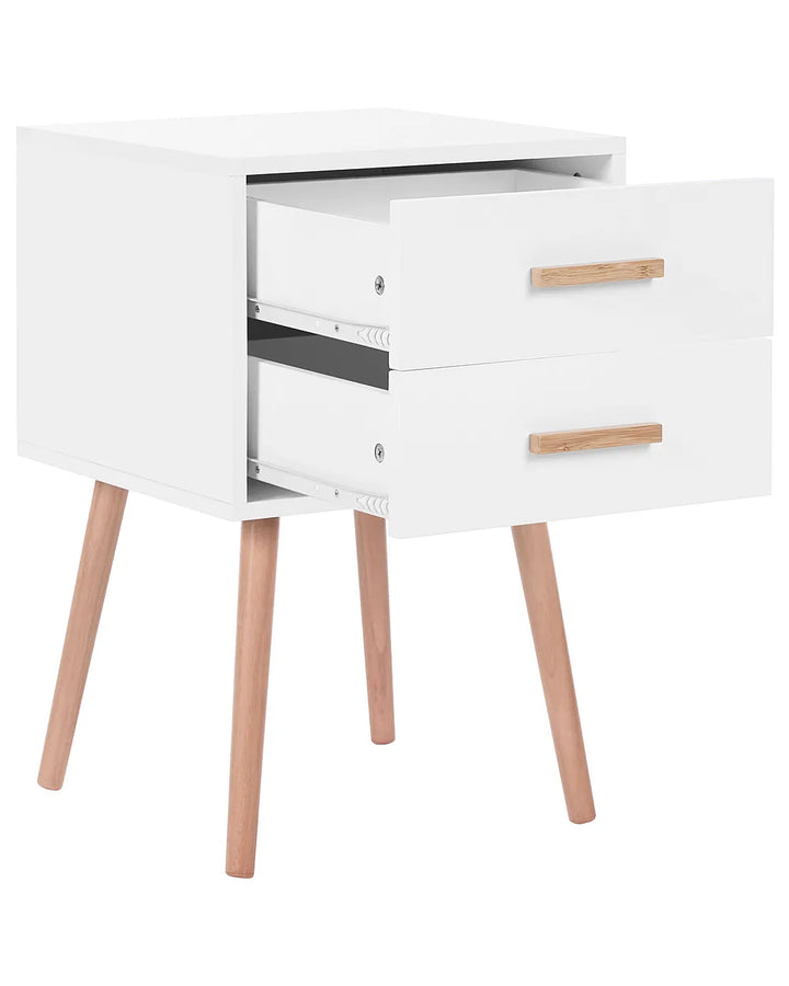 A modern white two-drawer nightstand with light natural wood handles and tapered wooden legs, shown on a plain white background with both top and bottom drawers partially open.