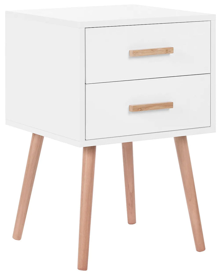 A modern two-drawer nightstand with a white cabinet body, light natural wood drawer pulls, and tapered light wood legs, shown on a plain white background.