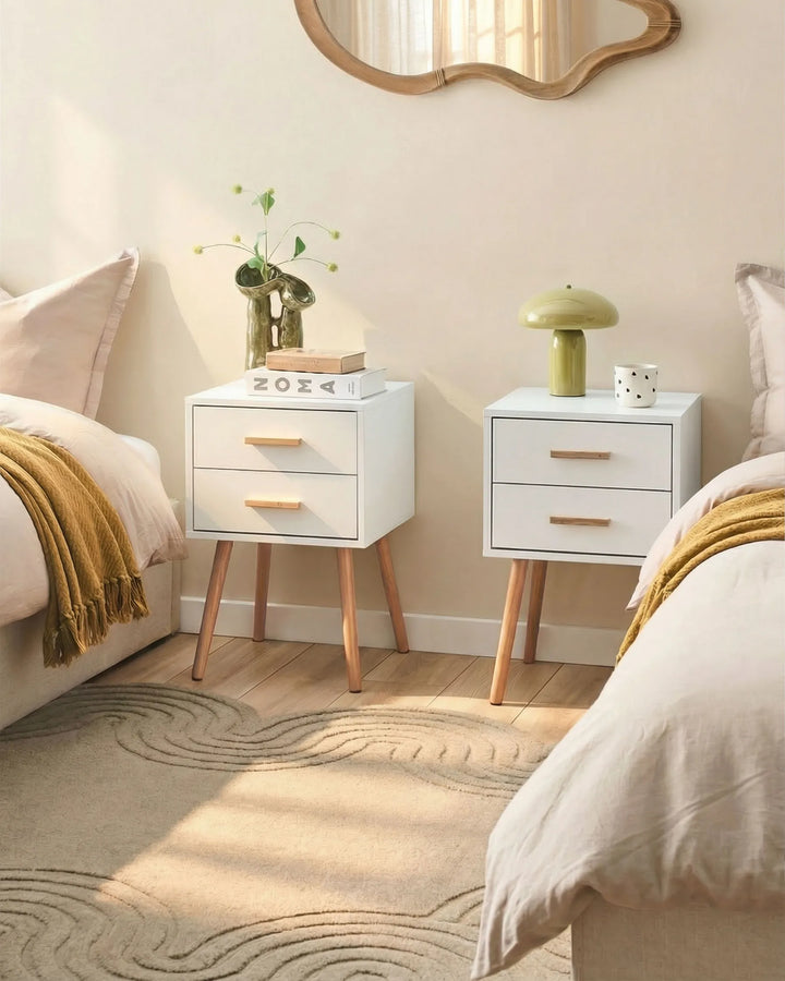 Two white nightstands with wooden legs in a bedroom setting.