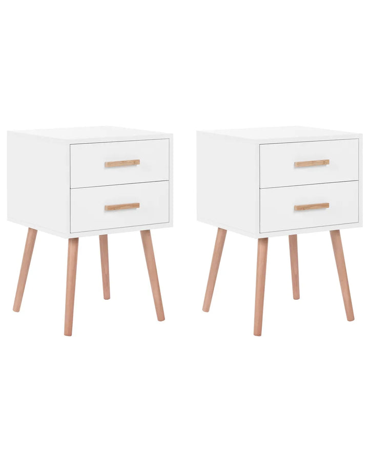 Two white two-drawer nightstands with light natural wood legs and matching drawer pulls, shown side by side on a plain white background.