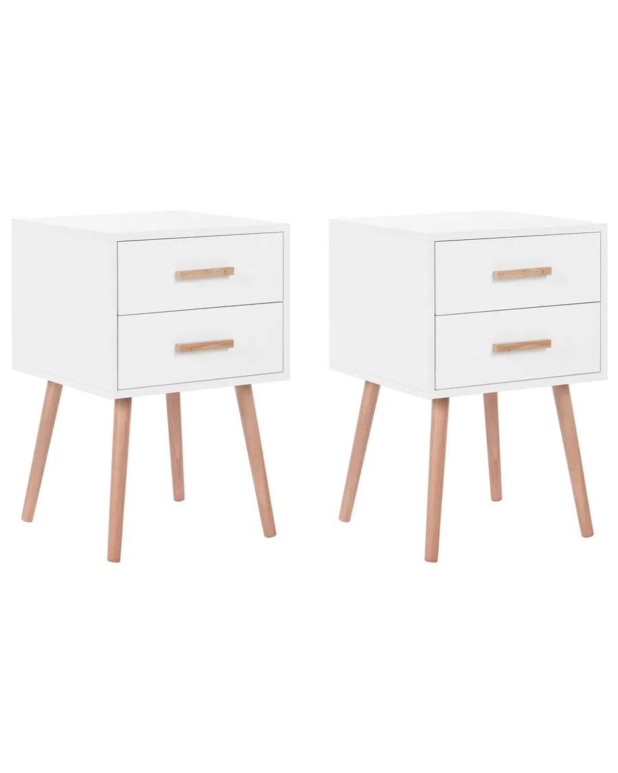 Two white two-drawer nightstands with light natural wood legs and matching drawer pulls, shown side by side on a plain white background.