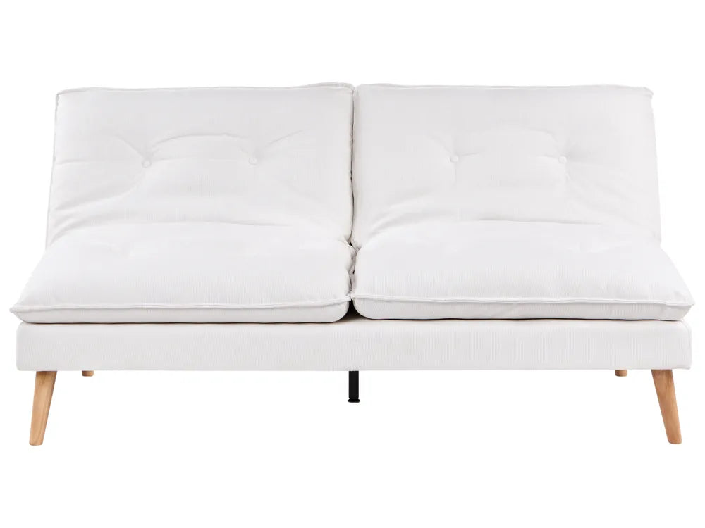 A modern white upholstered two-seat sofa with tufted back cushions and light natural wood legs, shown against a plain white background.