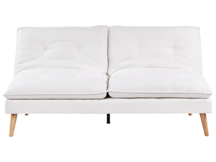 A modern white upholstered two-seat sofa with tufted back cushions and light natural wood legs, shown against a plain white background.