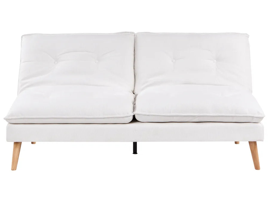 A modern white upholstered two-seat sofa with tufted back cushions and light natural wood legs, shown against a plain white background.