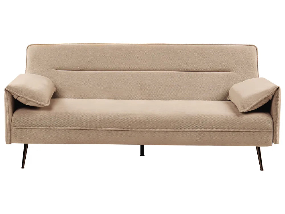 A modern beige fabric sofa bed with two matching throw pillows and slim black metal legs, shown against a plain white background.