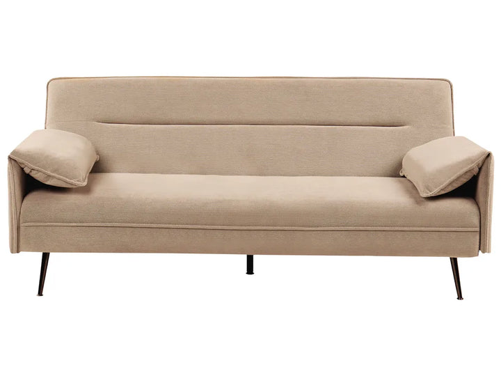 A modern beige fabric sofa bed with two matching throw pillows and slim black metal legs, shown against a plain white background.