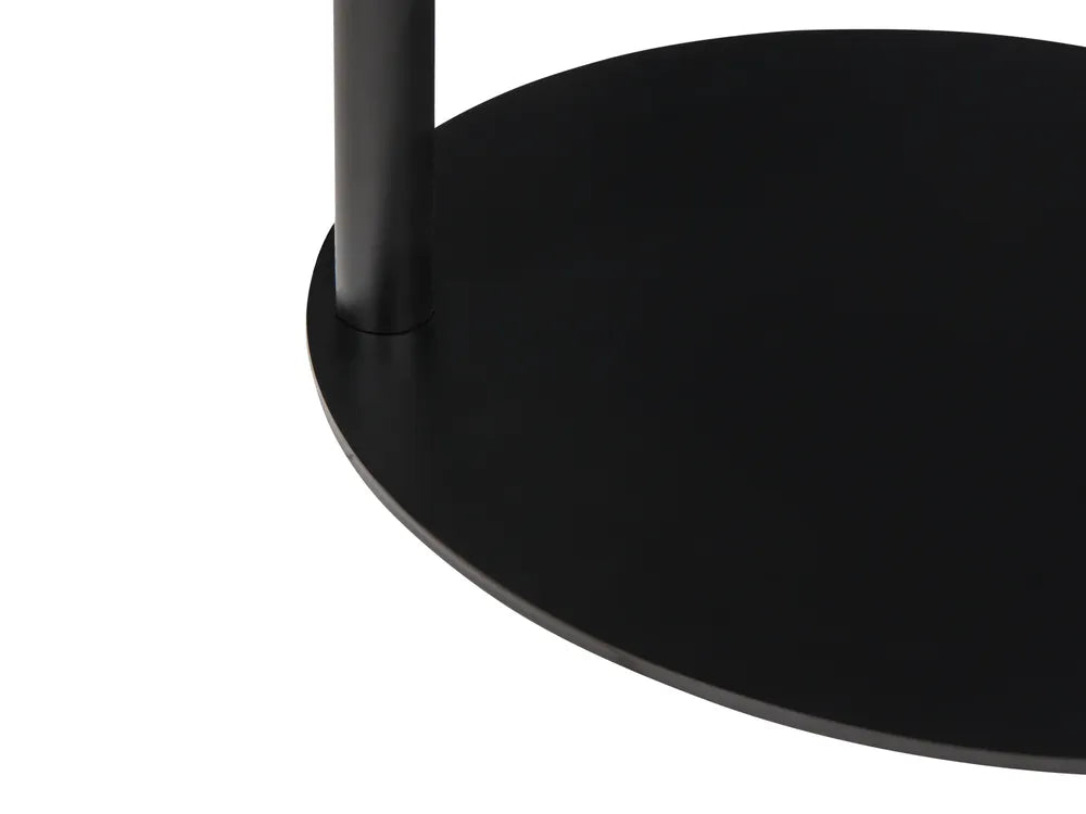 Close-up of a black round table base with a single cylindrical leg on a plain white background.