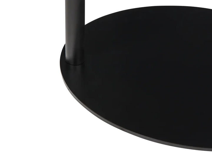 Close-up of a black round table base with a single cylindrical leg on a plain white background.
