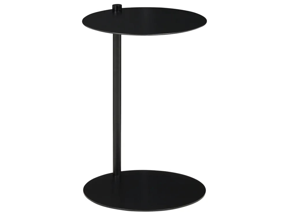 A modern black metal side table with a circular top, a single central pedestal leg, and a wide circular base on a plain white background.