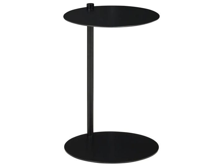 A modern black metal side table with a circular top, a single central pedestal leg, and a wide circular base on a plain white background.