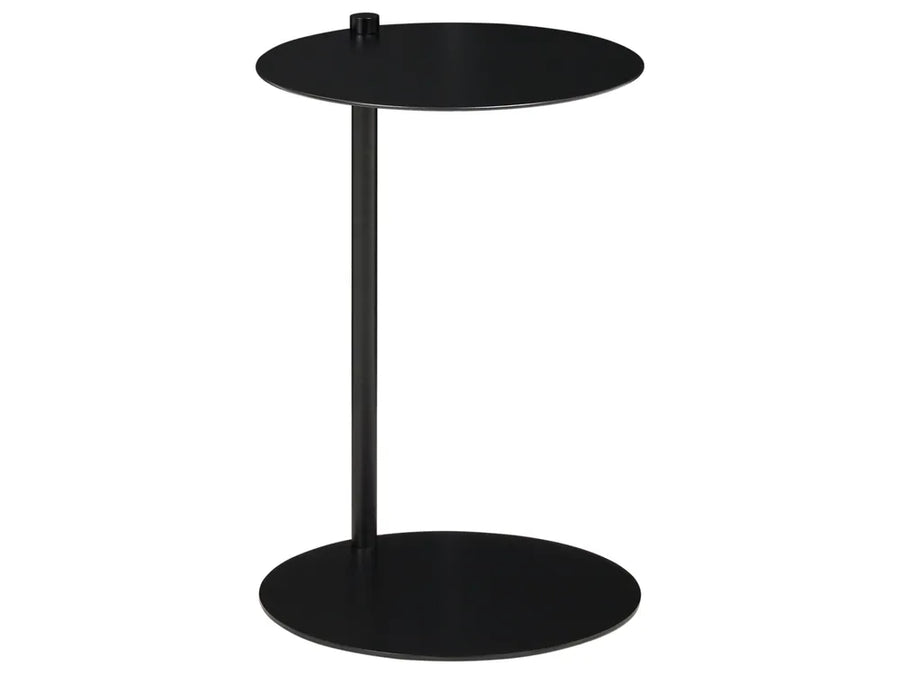 A modern black metal side table with a circular top, a single central pedestal leg, and a wide circular base on a plain white background.