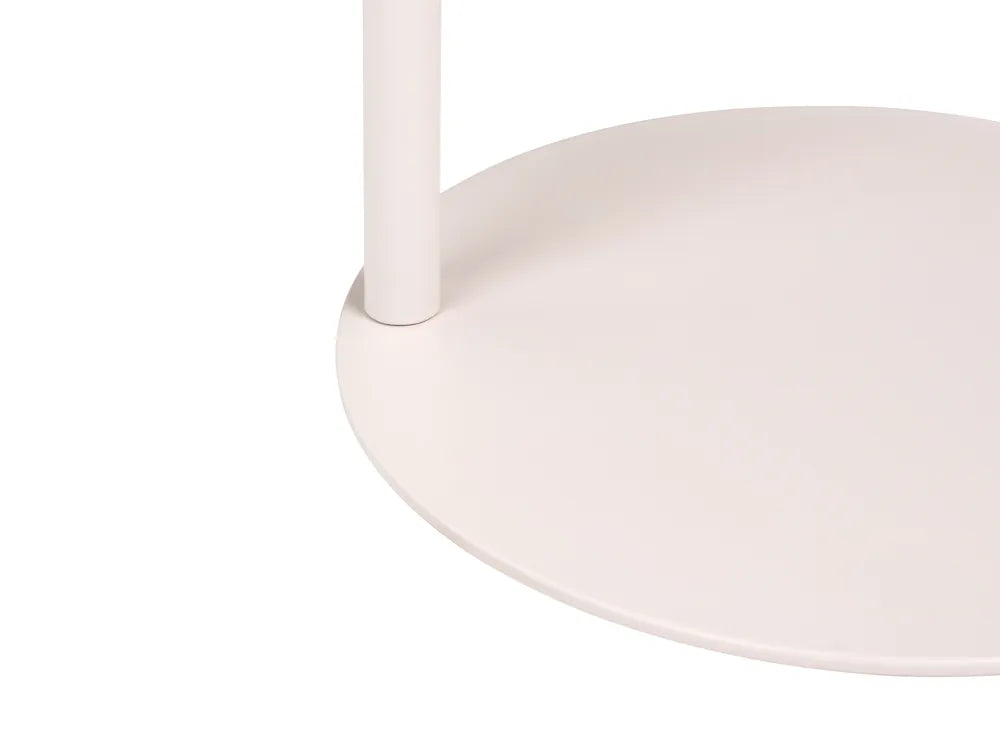 Close-up of a minimalist round white table base with a matching cylindrical leg on a clean white background.