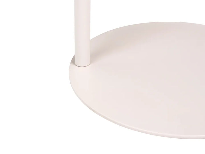 Close-up of a minimalist round white table base with a matching cylindrical leg on a clean white background.