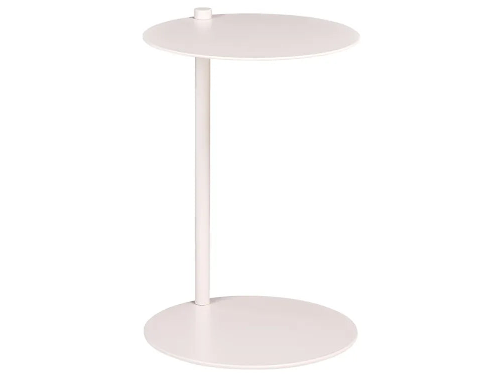 A minimalist white side table with a round top, a single central pedestal leg, and a wide circular base, shown against a plain white background.