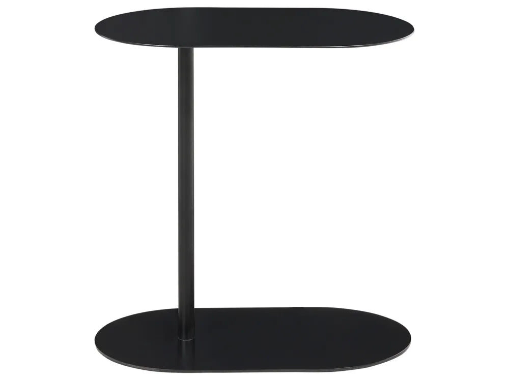 A modern black metal side table with a minimalist design, featuring a single central pedestal support and two oval-shaped platforms, one tabletop and one base, shown against a plain white background.